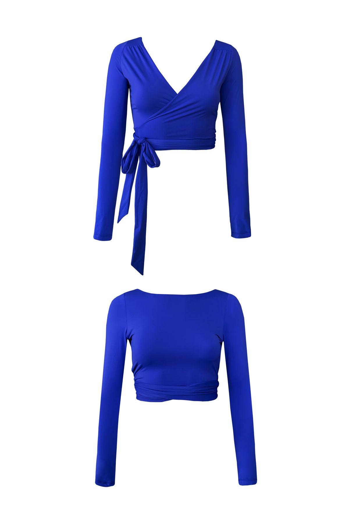 Product image showing two different configurations of the Capri ultramarine blue long sleeve wrap top. The top image shows it from the front with a bow tied at the hip and a v neckline. The bottom image shows the reverse side with a high neckline.